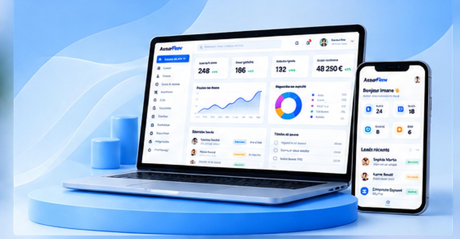 Aperçu du CRM AssurFlow sur ordinateur et mobile